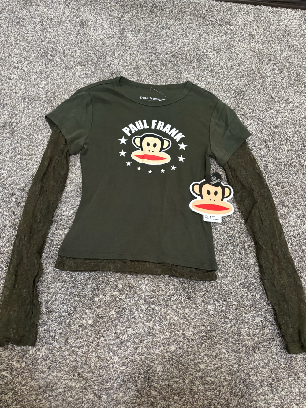Women’s Paul Frank Olive Green Julius Graphic Top with Lace Sleeves Sz medium